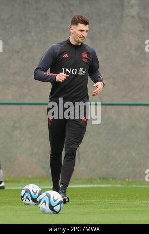 Tubize, Belgique. 21st mars 2023. Thomas Meunier de Belgique photographié lors d'une session d'entraînement de l'équipe nationale belge de football Red Devils, mardi 21 mars 2023, au siège de l'Association royale belge de football RBFA à Tubize. Les Red Devils se préparent pour les prochains matchs contre la Suède et l'Allemagne. Crédit: Bruno Fahy/Belga photo/Alamy Live News Banque D'Images