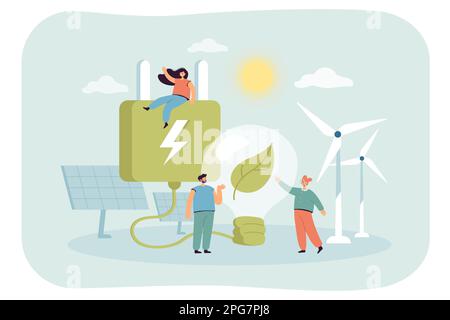 Petits personnages dans le village avec moulins à vent et panneaux solaires Illustration de Vecteur