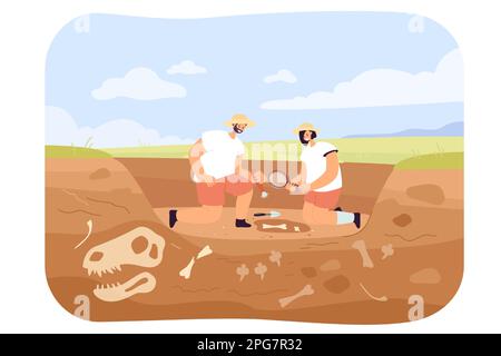 Des archéologues de dessins animés découvrent des fossiles de dinosaures dans le sol Illustration de Vecteur