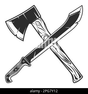 Machette avec construction Luberjack AX icône. Arme de chasseur à couteau tranchant dans la jungle. Vecteur noir et blanc isolé sur fond blanc Illustration de Vecteur