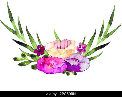 Bouquet de fleurs d'aquarelle dessinées à la main de pavot, d'escholzia, de feuilles vertes Banque D'Images