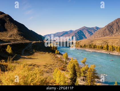 La route de montagne Chuisky Trakt va sous un rocher à l'ombre près de la rivière Katun en Altaï en automne en Russie. Banque D'Images