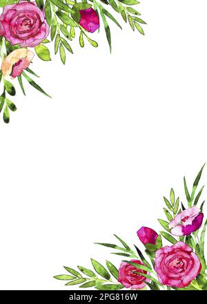 Cadre floral aquarelle de roses roses, de pavot, de feuilles vertes et de bourgeons Banque D'Images