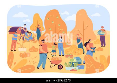 Les producteurs de dessins animés récoltent dans un jardin ou une plantation en automne Illustration de Vecteur