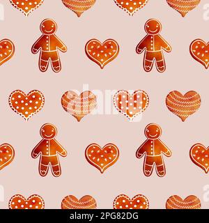 Motif aquarelle dessiné à la main avec biscuits de pain d'épice de Noël, bonbons, coeur, homme de pain d'épice Banque D'Images