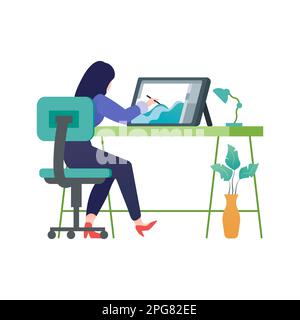 Jeune femme assise au bureau et travaillant sur ordinateur portable Vector Illustration Illustration de Vecteur