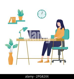 Jeune femme travaillant à la maison. Freelance, concept « travail à domicile ». Illustration vectorielle Illustration de Vecteur