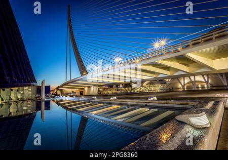 Pont Assut de l’Or réfléchi dans l’eau. La photo a été prise le 10th février 2023 dans le complexe de la Cité des Arts et des Sciences de Valence, Espagne. Banque D'Images