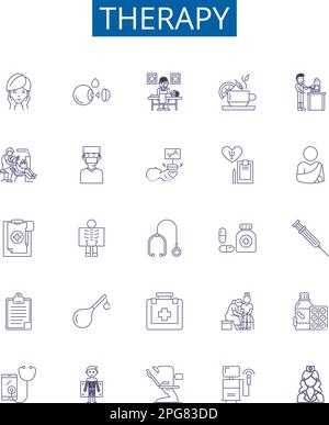 Icônes de ligne de thérapie ensemble de signes. Conception de la collection de thérapie, counseling, psychothérapie, psychodrame, art, Musique, cognitif, Hypnotherapy contour Illustration de Vecteur