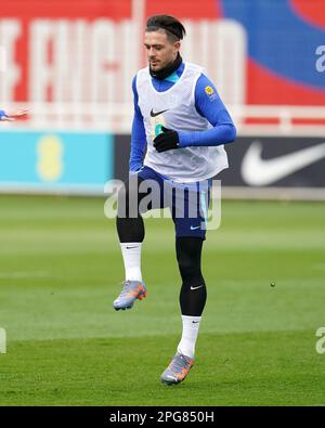 Jack Grealish, en Angleterre, lors d'une séance d'entraînement à St. George's Park, Burton-on-Trent. Date de la photo: Mardi 21 mars 2023. Banque D'Images