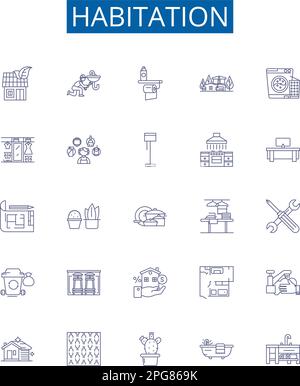 Ensemble de panneaux d'icônes de ligne d'habitation. Collection de conception de logement, résidence, logement, Dwell, maison, Homestead, Tenancy, concept de contour d'habitation Illustration de Vecteur