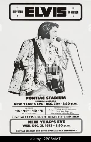 Elvis Presley en personne - Pontiac Stadium, Michigan, affiche de concert de la Saint-Sylvestre 1975 Banque D'Images