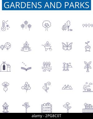 Des panneaux d'icônes de jardins et de parcs sont mis en place. Collection design de jardins, parcs, végétation, flore, faune, les arbustes, les arbres, les haies définissent le vecteur de concept Illustration de Vecteur