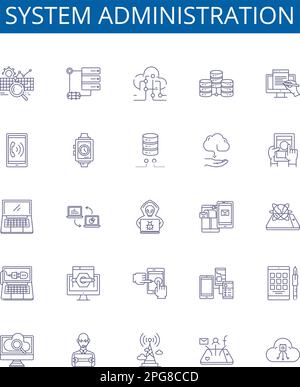 Icônes de la ligne d'administration du système signes ensemble. Collection de conception de sysadmin, Admin, Network, Maintenance, Automation, Surveillance, sécurité, correctifs Illustration de Vecteur