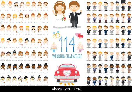 Ensemble de 114 personnages de mariage et icônes de mariage dans un style de dessin animé Illustration de Vecteur