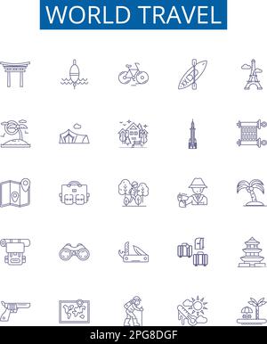 Ensemble de panneaux d'icônes de la ligne World Travel. Collection Design de Voyage, Tour, expédition, Voyage, exploration, Trek, Roam, Sightseeing Outline concept Vector Illustration de Vecteur
