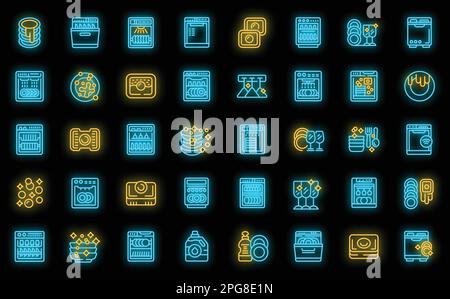 Les icônes de détergent pour lave-vaisselle définissent un vecteur de contour. Onglets de publicité. Capsules nettoyer couleur néon sur noir Illustration de Vecteur