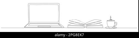 Dessin continu d'un livre ouvert pour ordinateur portable et d'une tasse à café. Illustration linéaire de l'enseignement en ligne. Vecteur isolé sur blanc. Illustration de Vecteur