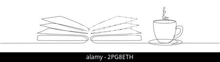 Livre avec une tasse de café continu un dessin d'art ligne. Illustration vectorielle isolée sur blanc. Illustration de Vecteur