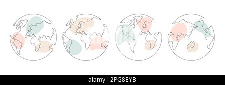 Carte du monde une collection d'art de ligne. Jeu de dessin de ligne de terre continue. Symbole globe terrestre dessiné à la main avec groupe de formes pastel. Illustration vectorielle isol Illustration de Vecteur