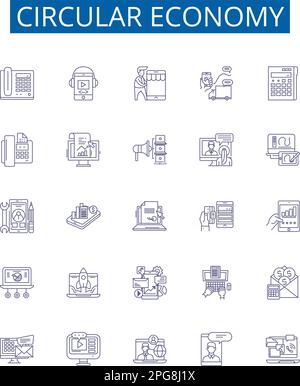 Ensemble de panneaux d'icônes circulaires de la ligne économique. Collection de conception de circulaire, économie, durable, recyclage, ressources, Réutiliser, réduire, Plan renouvelable Illustration de Vecteur