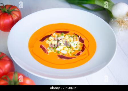 Le Cordovan salmorejo est une crème habituellement servie comme premier plat; c'est une préparation traditionnelle de Cordoue. Banque D'Images