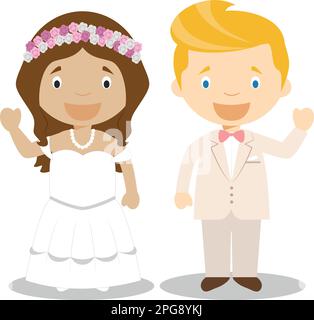 Mestizo mariée et caucasienne mariée couple newlywed interracial de style dessin animé illustration vectorielle Illustration de Vecteur