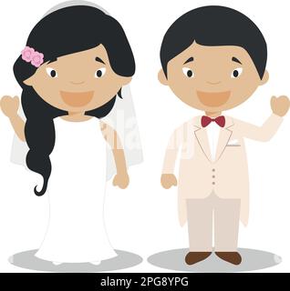 Couple oriental de jeunes mariés en dessin animé Vector Illustration de Vecteur