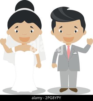 Couple oriental de jeunes mariés en dessin animé Vector Illustration de Vecteur