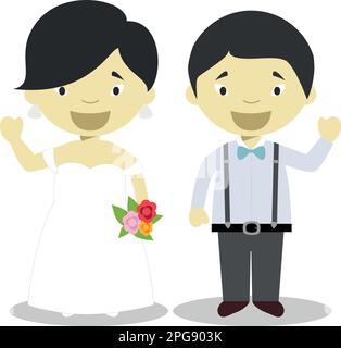 Couple oriental de jeunes mariés en dessin animé Vector Illustration de Vecteur