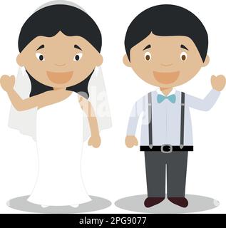 Mariée orientale et marié mestizo couple newlywed interracial de style dessin animé illustration vectorielle Illustration de Vecteur