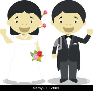 Couple oriental de jeunes mariés en dessin animé Vector Illustration de Vecteur