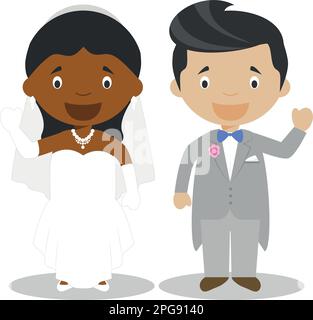 Mariée noire et marié mestizo couple newlywed interracial de style dessin animé illustration vectorielle Illustration de Vecteur