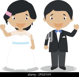 Couple oriental de jeunes mariés en dessin animé Vector Illustration de Vecteur