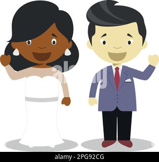 Mariée noire et marié oriental couple nouveau-né interracial de style caricature illustration vectorielle Illustration de Vecteur