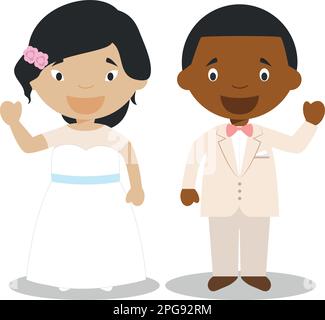 Mariée orientale et mariée noire couple nouveau-né interracial de style dessin animé illustration vectorielle Illustration de Vecteur