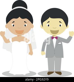 Mariée mestizo orientale et mariée orientale couple newlywed interracial dans le style de dessin animé illustration vectorielle Illustration de Vecteur