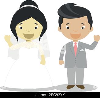Mariée orientale et marié mestizo oriental couple newlywed interracial de style dessin animé illustration vectorielle Illustration de Vecteur