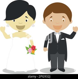 Mariée orientale et marié mestizo couple newlywed interracial de style dessin animé illustration vectorielle Illustration de Vecteur