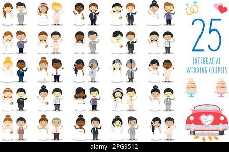 Ensemble de 25 couples de mariage interraciaux et icônes de mariage dans un style de dessin animé Illustration de Vecteur