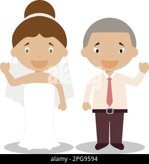 Mestizo mariée et marié oriental couple newlywed interracial de style dessin animé illustration vectorielle Illustration de Vecteur