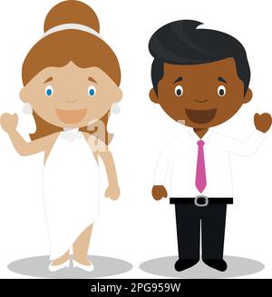 Mestizo mariée et mariée noire couple Interracial newlywed dans le style de dessin animé illustration vectorielle Illustration de Vecteur