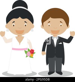 Mestizo couple newlywed dans le style de dessin animé illustration vectorielle Illustration de Vecteur