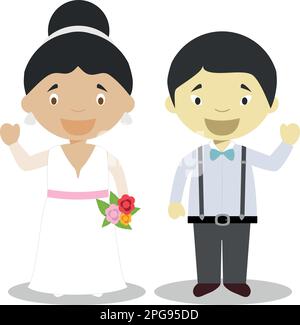 Mestizo mariée et marié oriental couple newlywed interracial de style dessin animé illustration vectorielle Illustration de Vecteur