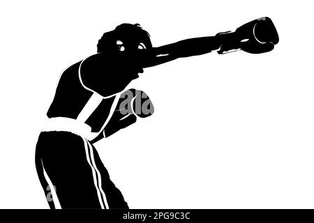 boxeur à silhouette noire droit punch à la tête sur fond blanc, illustration sportive Banque D'Images