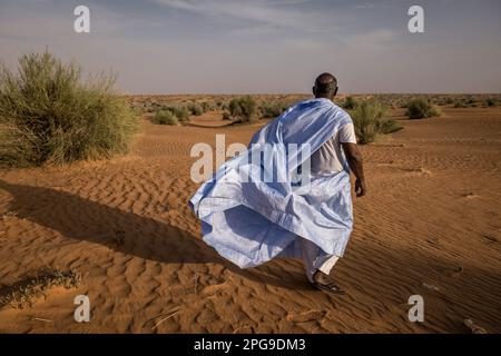 Brahim Ramdhane, ancien esclave et fondateur de son ONG Fondation Sahel, ici à la prière de Sunite dans le désert entre Nouakshott et sa ville natale de Boutilimit en Mauritanie, où il a grandi en tant qu'esclave. Il lutte contre l'esclavage, contre l'oppression de sa tribu Haratin et pour des opportunités éducatives équitables depuis qu'il s'est libéré comme adolescent. Banque D'Images