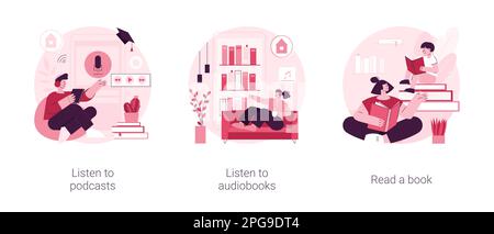 Temps libre pendant que les idées de quarantaine de coronavirus résumé concept vecteur illustration ensemble. Écoutez des podcasts ou des livres audio, lisez un livre avec des enfants, des programmes audio, une métaphore abstraite de la bibliothèque personnelle. Illustration de Vecteur