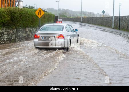 Clonakilty, West Cork, Irlande. 21st mars 2023. Les routes de l'ouest de Cork ont inondé aujourd'hui après 24 heures de pluie incessante et une marée haute astronomique. La pluie devrait se poursuivre tout au long de la nuit, ce qui devrait entraîner d'autres inondations à marée haute demain matin. Crédit : AG News/Alay Live News Banque D'Images