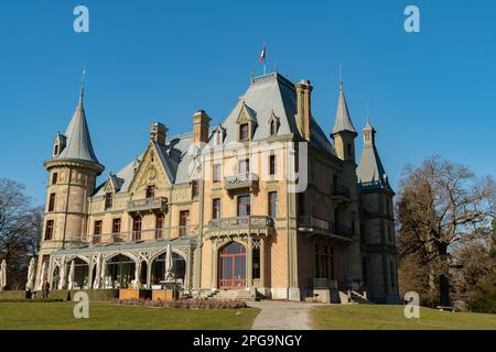 Thun, Suisse, 13 février 2023 ancien château historique de Schadau dans un joli parc par une journée ensoleillée Banque D'Images