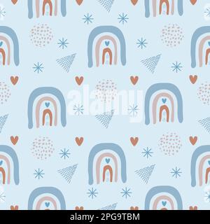 Joli motif boho sans coutures avec fond bleu, arcs-en-ciel, coeurs et éléments abstraits Illustration de Vecteur